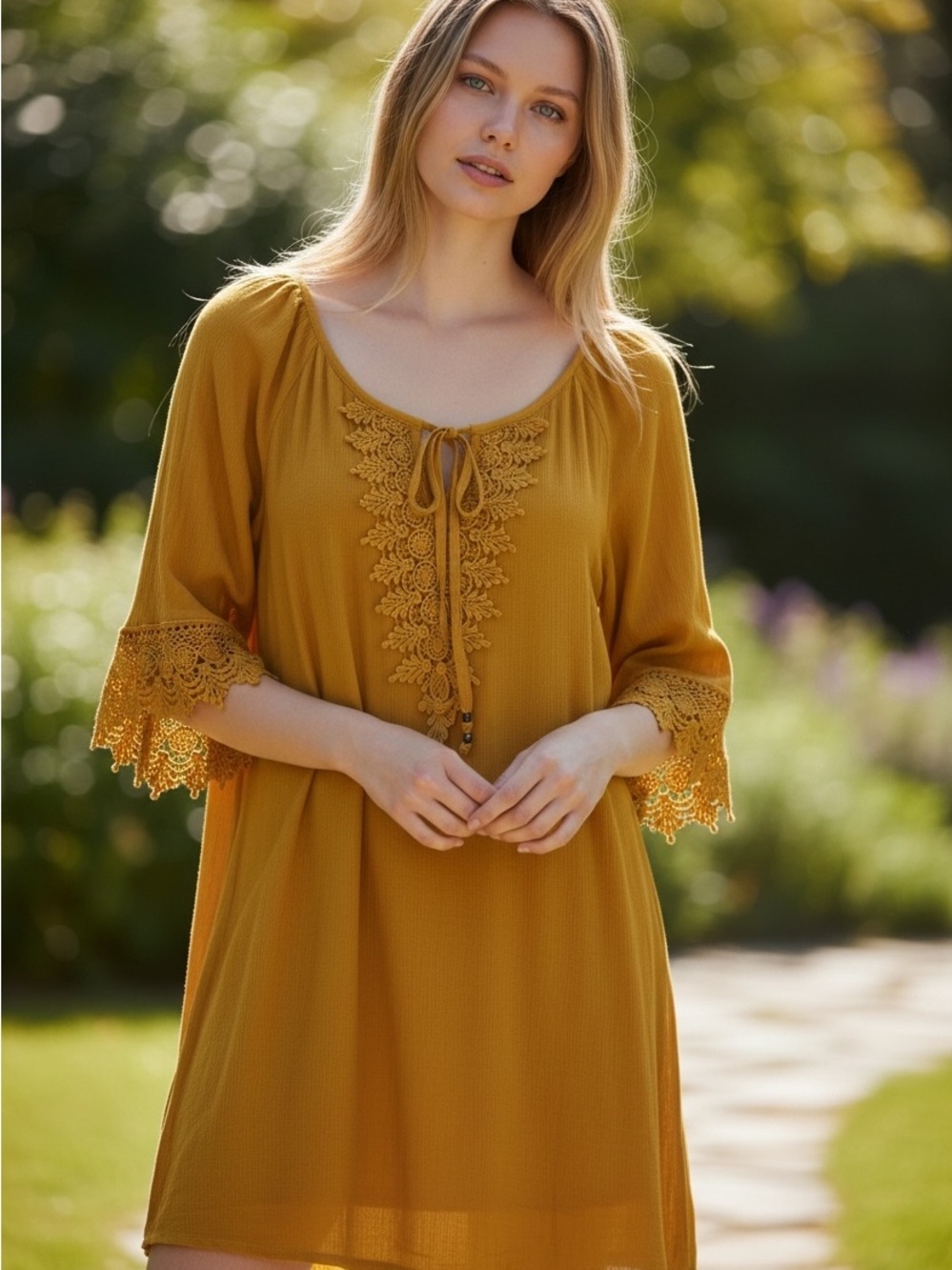 NAIF Mustard Gold Crochet-Trim Peasant Tunic